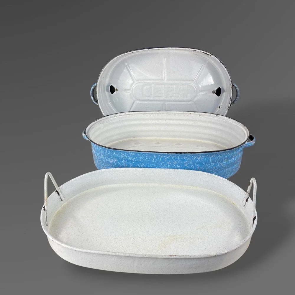 1911 Reed Blue Speckle Roaster Graniteware 3 Piece Dutch Oven Primitive Decor‎